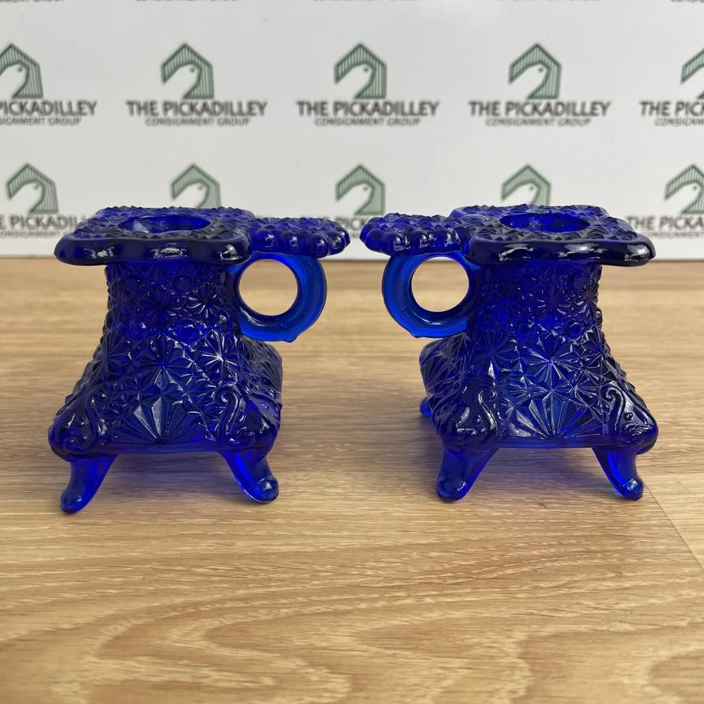 Vintage Cobalt Blue Daisy and Button Glass Candle Holder Pair Finger Loop 3in